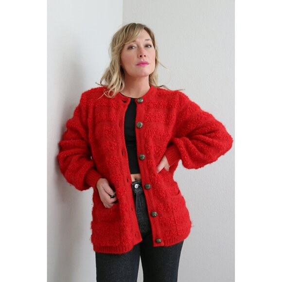 1980's Vintage Fuzzy Mohair Heart Button Cardigan ~ Women's Medium LG XL 80's - Picture 4 of 9